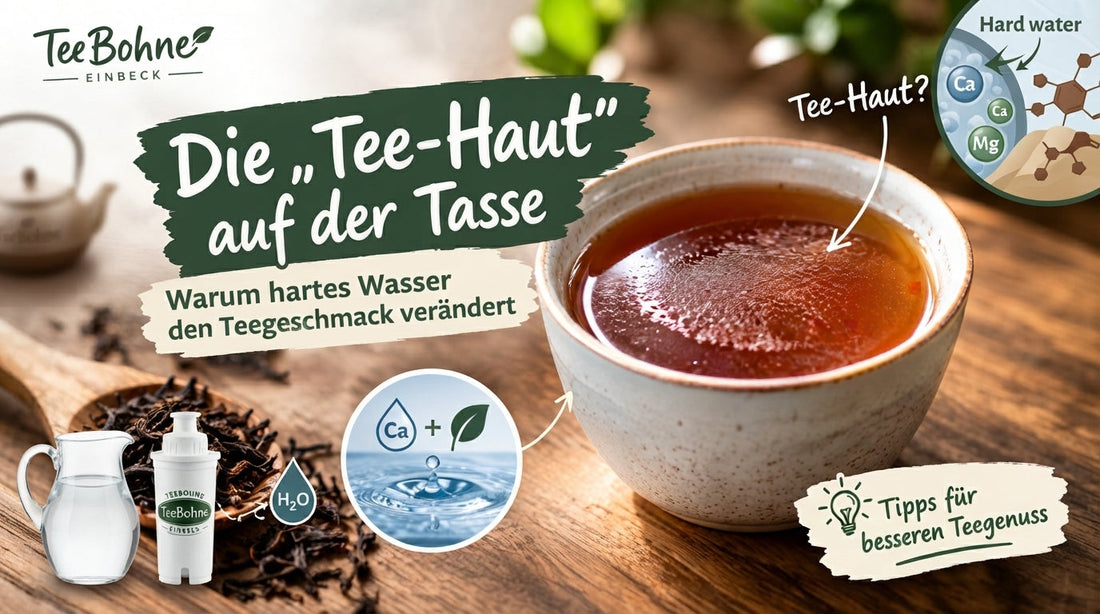 Eine Tasse mit frisch aufgebrühtem Tee, auf dessen Oberfläche eine zarte Tee-Haut schwimmt, mit erklärenden Infografiken zu hartem Wasser und dem Logo von TeeBohne Einbeck