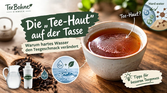 Eine Tasse mit frisch aufgebrühtem Tee, auf dessen Oberfläche eine zarte Tee-Haut schwimmt, mit erklärenden Infografiken zu hartem Wasser und dem Logo von TeeBohne Einbeck