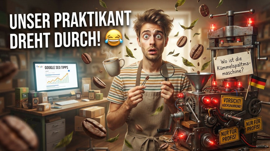 Lustiger Tee- und Kaffee-Praktikant bei TeeBohne mit Kaffeebohnen, Teeblättern und Kümmelspaltmaschine