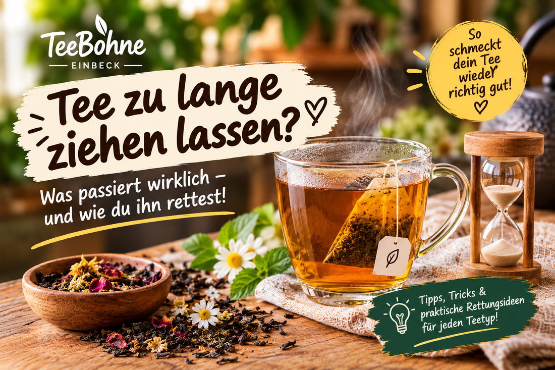 Tee zu lange ziehen lassen: Eine Tasse Tee mit Teebeutel und Sanduhr – Tipps zur richtigen Ziehzeit und zur Rettung von bitterem Tee bei TeeBohne Einbeck.