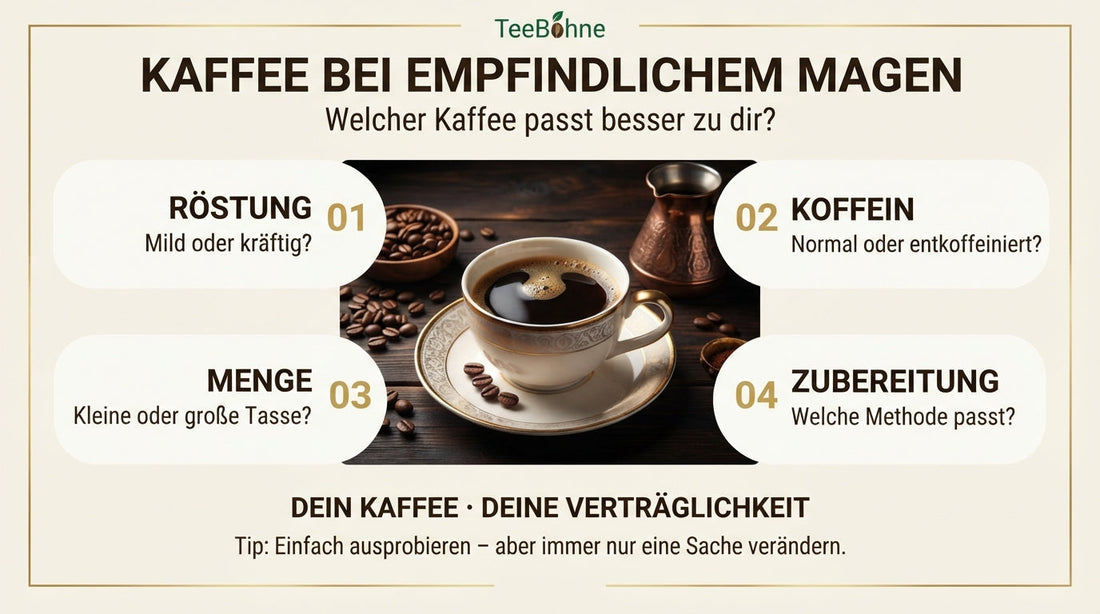 TeeBohne Wissensinfografik: Kaffee bei empfindlichem Magen – Faktoren wie Röstung, Koffein, Menge und Zubereitung für den individuellen Genuss im modernen Magazin-Stil