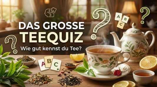 Das große Teequiz mit dampfender Teetasse, Teekanne, verschiedenen Teesorten und Quiz-Fragezeichen