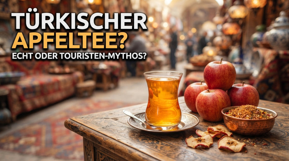 Türkischer Apfeltee im Glas mit frischen Äpfeln und getrockneten Apfelstücken – echt traditionell oder Touristen-Mythos?