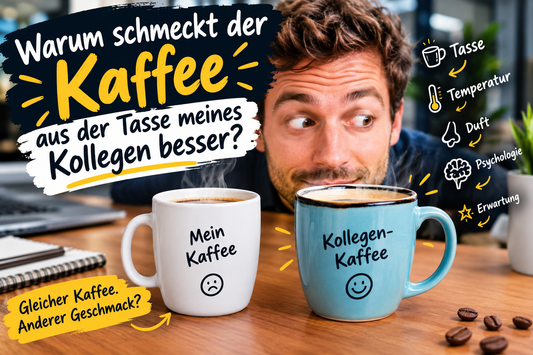 Zwei Kaffeetassen mit demselben Kaffee zeigen, warum Tasse, Temperatur, Duft und Wahrnehmung den Geschmack unterschiedlich wirken lassen können.