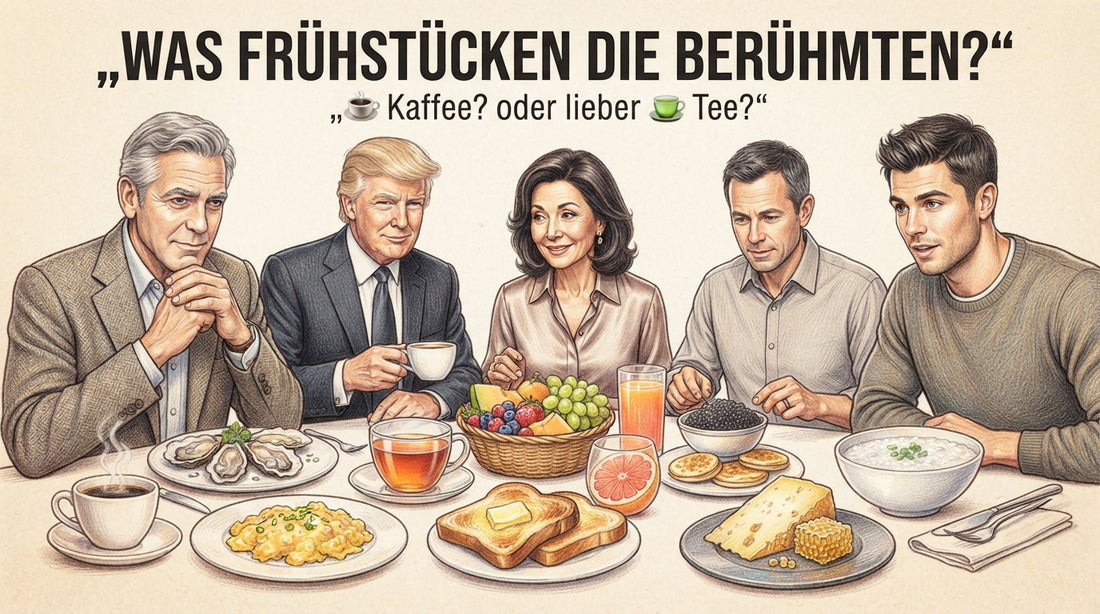 Buntstiftzeichnung mit berühmten Menschen beim Frühstück sowie Kaffee, Tee und verschiedenen Frühstücksspeisen