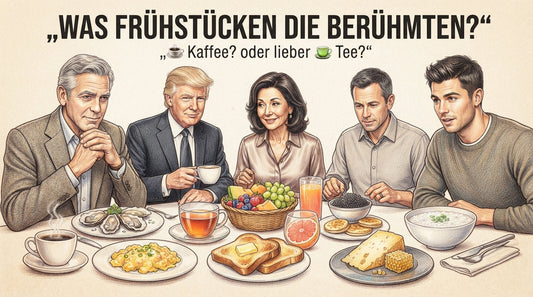 Buntstiftzeichnung mit berühmten Menschen beim Frühstück sowie Kaffee, Tee und verschiedenen Frühstücksspeisen