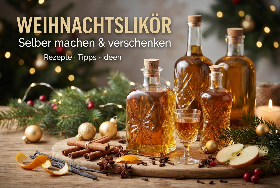 Weihnachtslikör selber machen – dekorative Glasflaschen mit goldenem Likör, Zimt, Sternanis, Orange und Apfel auf Holztisch | TeeBohne