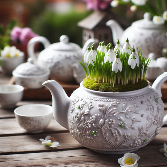 weiße Porzellan Teekanne dekorieren Teekanne mit bepflanzt Schneeglöckchen Frühlingsdeko im Garten