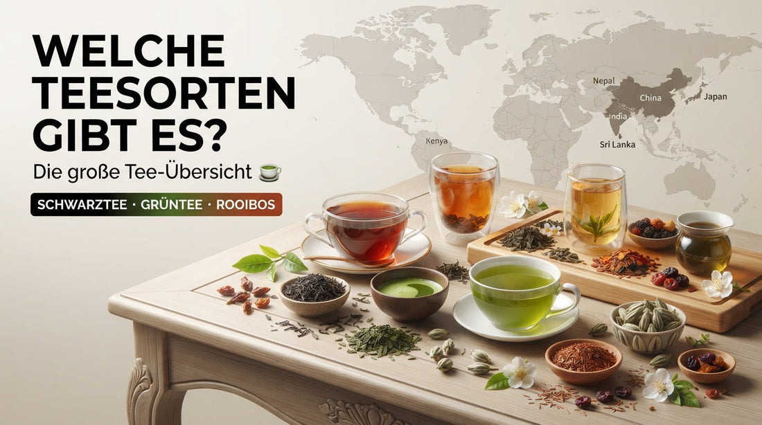 Hochwertiges Editorial-Blog-Thumbnail im Querformat (16:9) zur großen Tee-Übersicht mit verschiedenen Teetassen, losen Blättern, Kräutern, einer dezenten Weltkarte und dem Text 'WELCHE TEESORTEN GIBT ES?'.