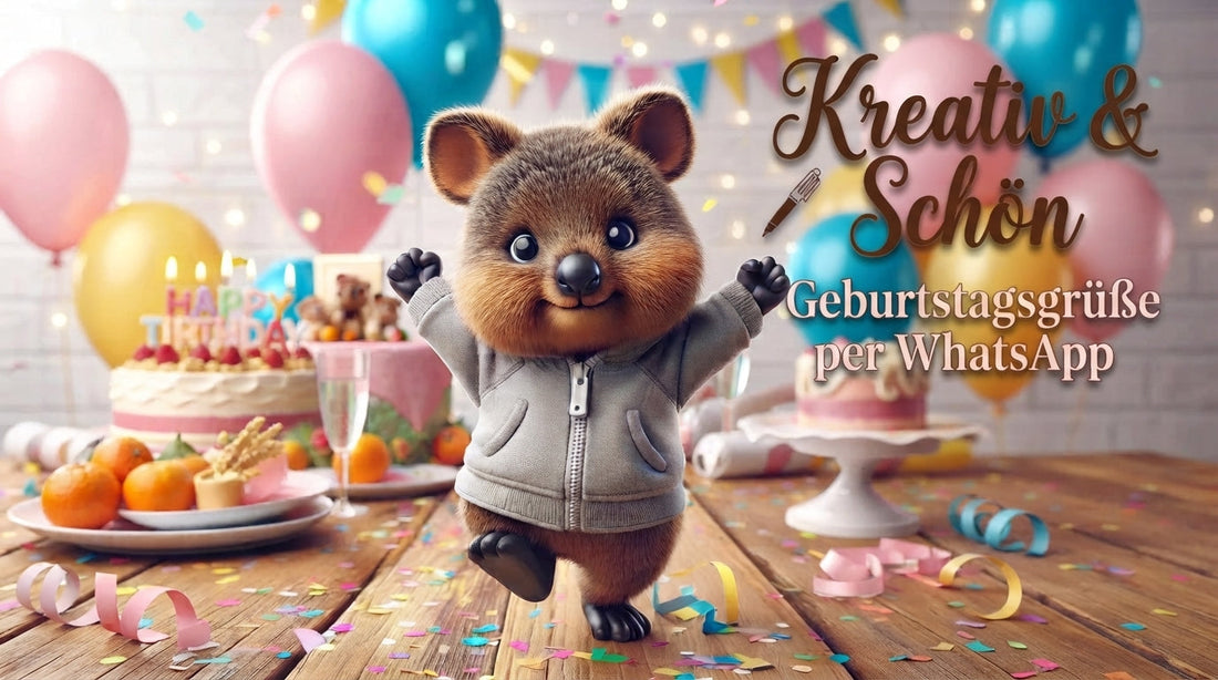 fröhliches TeeBohne Thumbnail tanzenden Quokka in Hoodie vor bunten Geburtstagskulisse mit Luftballons und Kuchen.  „Kreativ & Schön – Geburtstagsgrüße per WhatsApp“.