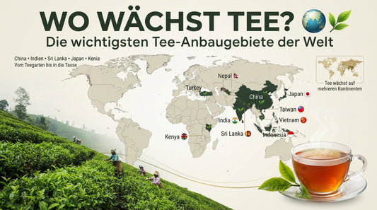 Wo wächst Tee?', mit einer detaillierten Weltkarte der wichtigsten Tee-Anbaugebiete, einer Teeplantage und einer dampfenden Teetasse