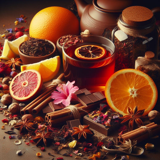 Rooibos Tee mit Orangen- und Sahne-Aroma, Kakaobohnen, Hibiskus, Lemongras und Kornblumenblüten, Bild im braunen Ton