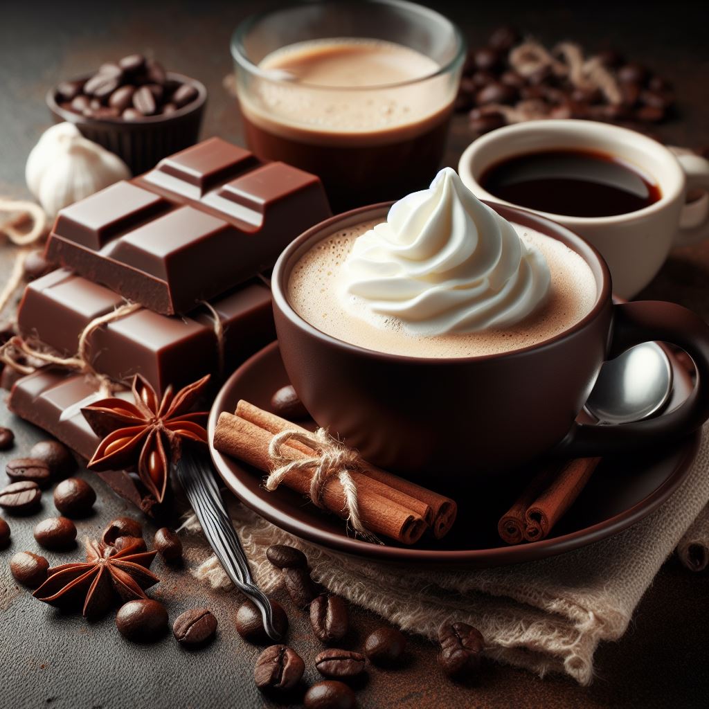 aroma Kaffee Schokolade Vanille brauner Hintergrund Tasse Sahne