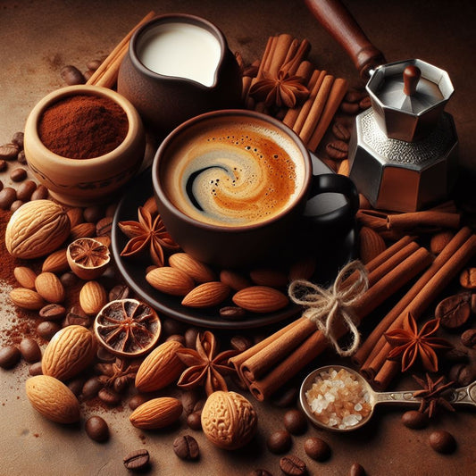 aroma Kaffee Mandel Zimt brauner Hintergrund Tasse Sahne