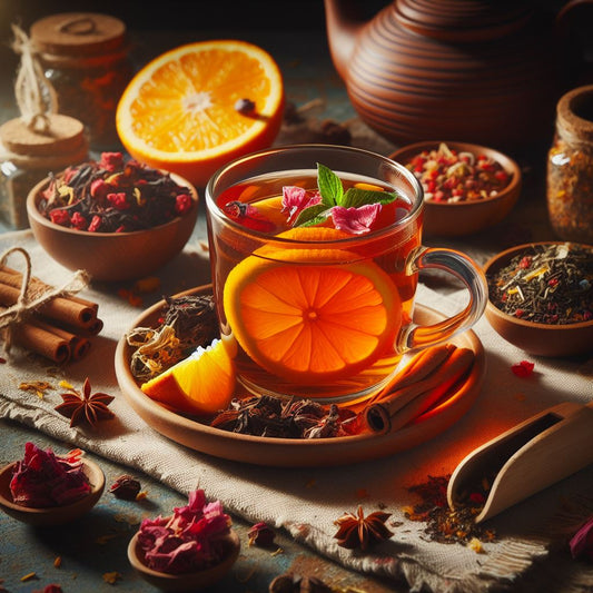 aroma Tee Rooibos Tee, Orangenschale, Hibiskusblüten, natürliches Aroma Tasse