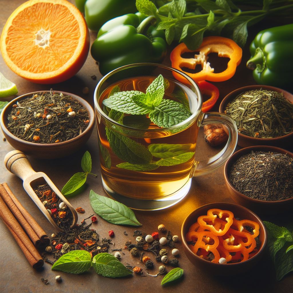 Zutaten: Grüner Rooibos, Grüner Tee Sencha, Orangenschale, Paprikastücke, Pfefferminze, natürliches Aroma, Ascorbinsäurepulver Teekann, Teeglas brauner Hintergrund