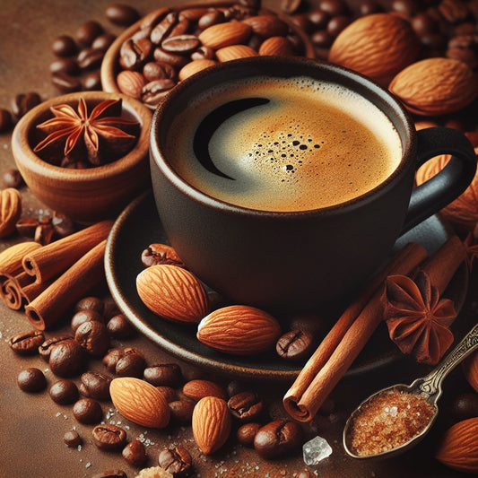 aroma Kaffee Mandel brauner Hintergrund Tasse Sahne