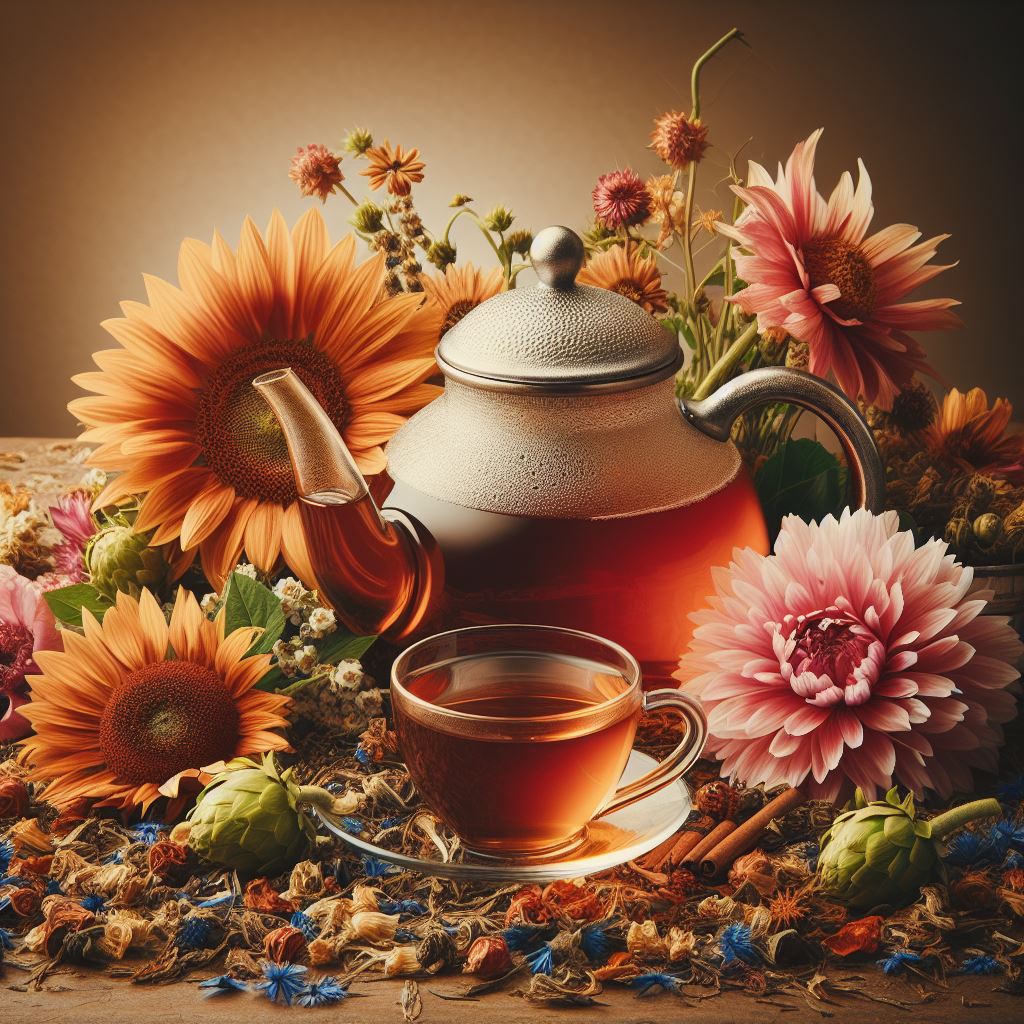 Rooibos Tee, teeglas, teekanne Sonnenblumenblüten, Kornblumenblüten, Pfingstrosenblüten, Hopfenblüten, Holunderblüten, Bild im braunen Ton