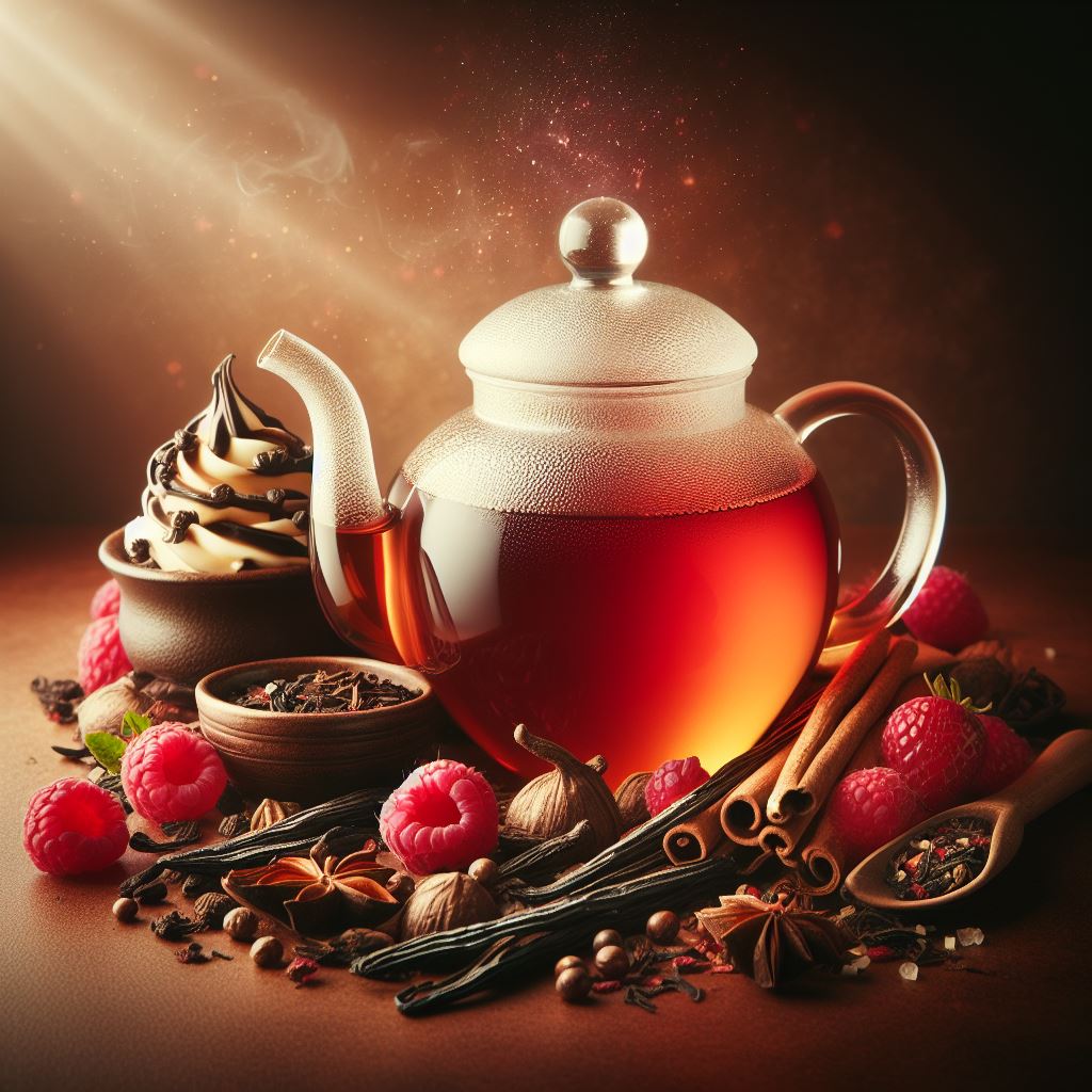 aroma rotbusch Himbeer Vanillestange teekanne, Teeglas brauner Hintergrund blinkendes bild