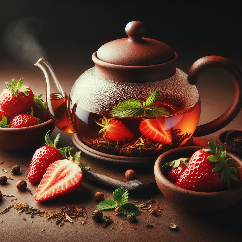 Rooibos Tee, teeglas, teekanne Rooibos Tee, Erdbeerblätter, Erdbeerstücke, Bild im braunen Ton