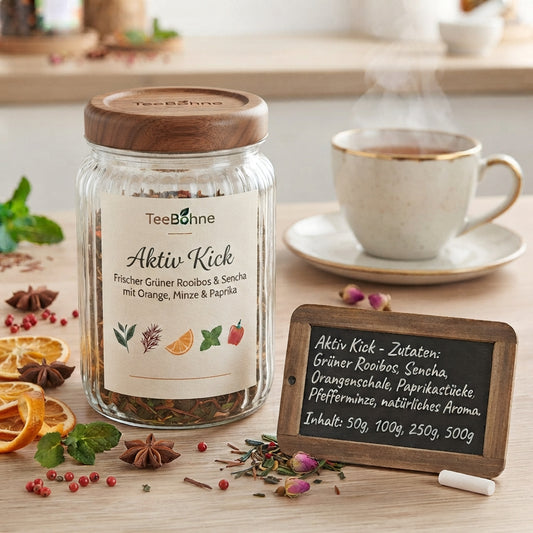 Aktiv Kick Tee mit grünem Rooibos, Sencha, Orange, Pfefferminze und Paprika. Frisch-würzige Teemischung online kaufen bei TeeBohne