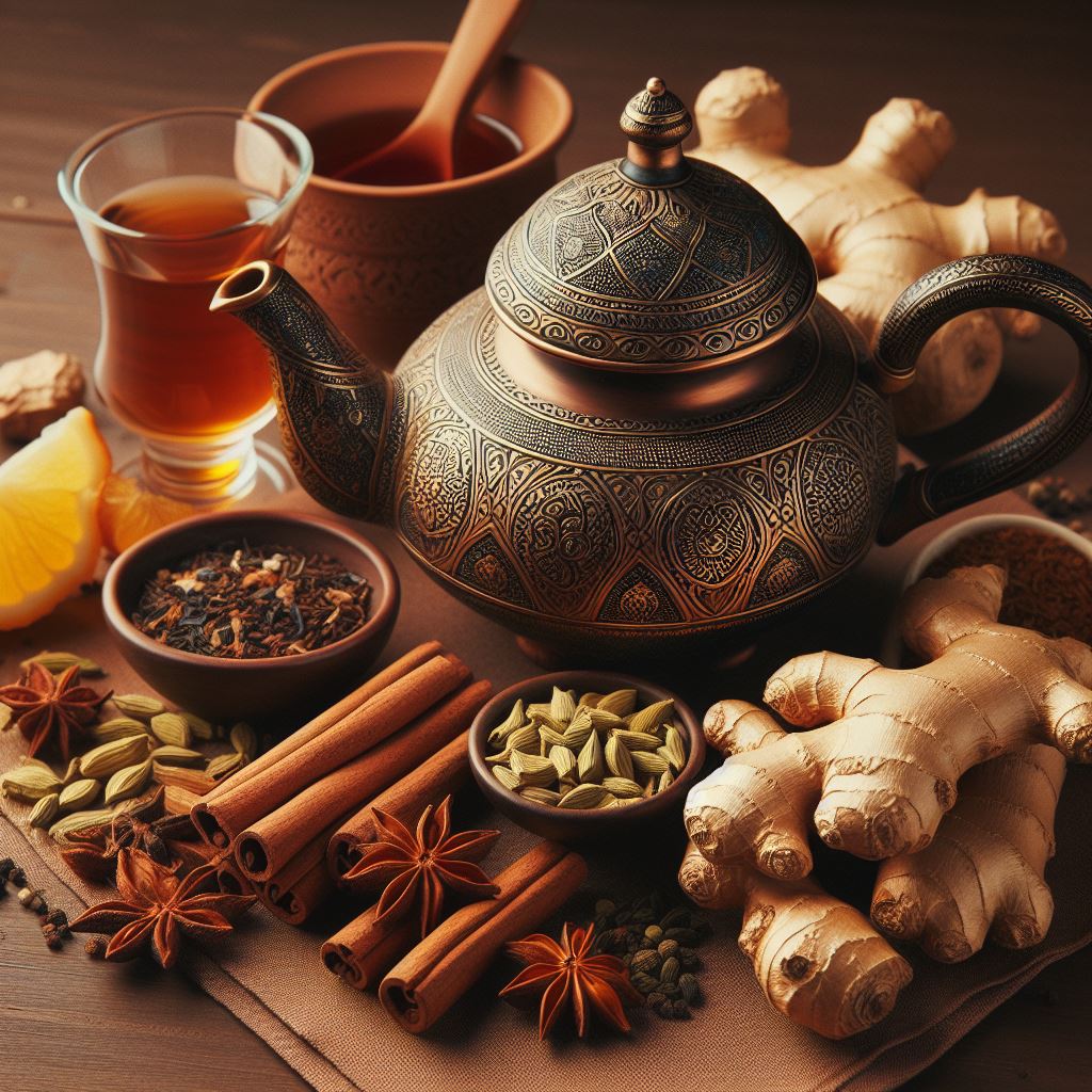 Ayurveda Vata Tee kaufen Zutaten: Ingwer, Zimt, Süßholz, Kardamom Teekanne, Teeglas brauner Hintergrund