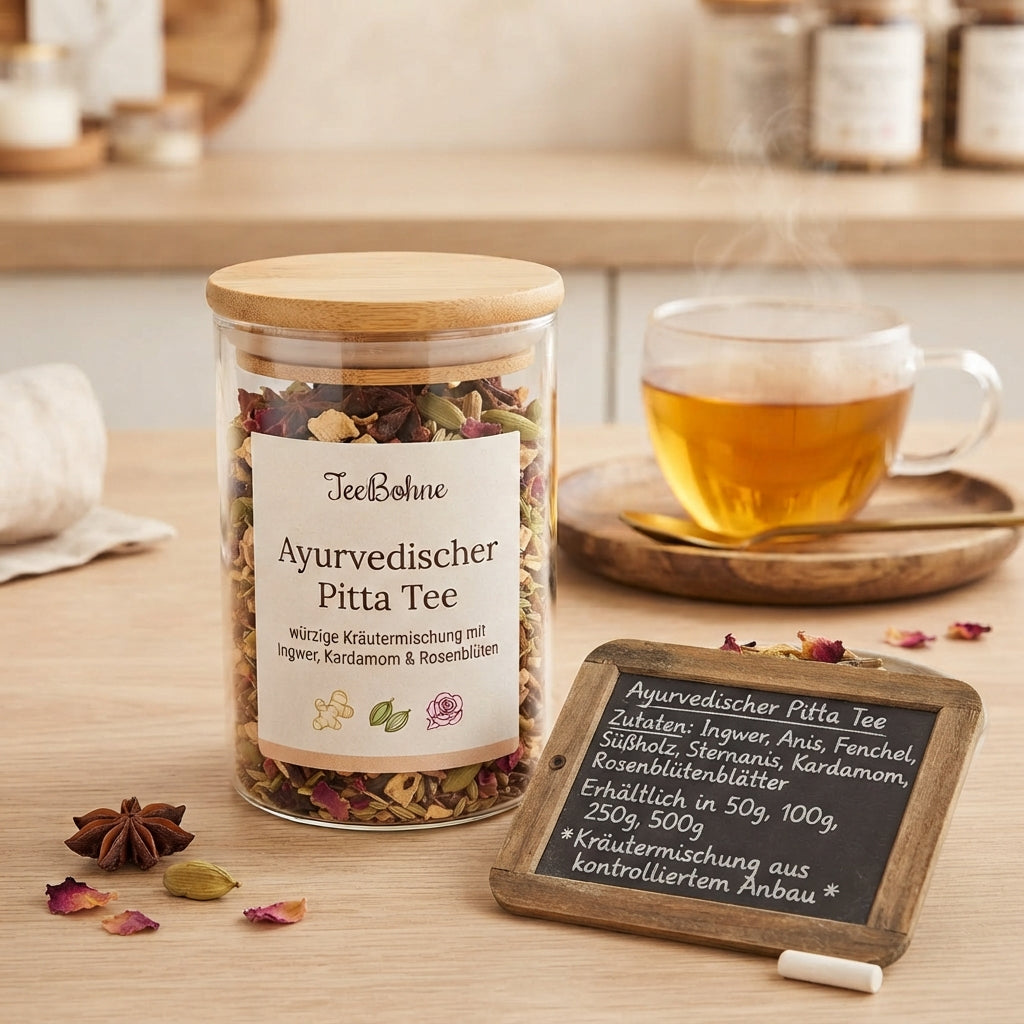 Ayurvedischer Pitta Tee mit Ingwer, Anis, Fenchel, Süßholz, Kardamom & Rosenblüten. Würzige Kräutermischung als loser Tee in 50–500 g entdecken.
