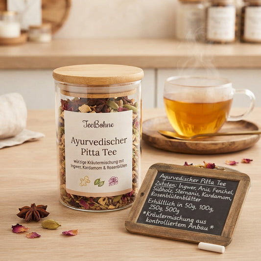 Ayurvedischer Pitta Tee mit Ingwer, Anis, Fenchel, Süßholz, Kardamom & Rosenblüten. Würzige Kräutermischung als loser Tee in 50–500 g entdecken.
