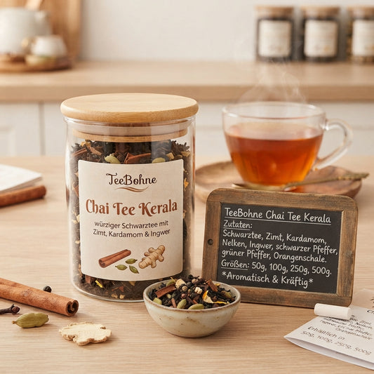 Chai Tee Kerala mit schwarzem Tee, Zimt, Kardamom, Ingwer, Nelken & Pfeffer. Würziger loser Tee – pur oder als Chai Latte genießen. 50–500 g.
