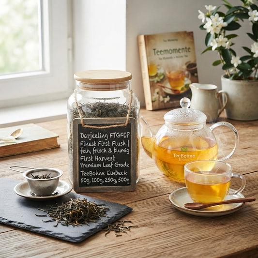 Darjeeling FTGFOP Finest First Flush – feiner, frischer und blumiger schwarzer Tee. Jetzt Darjeeling entdecken und deinen persönlichen Genussmoment genießen.

