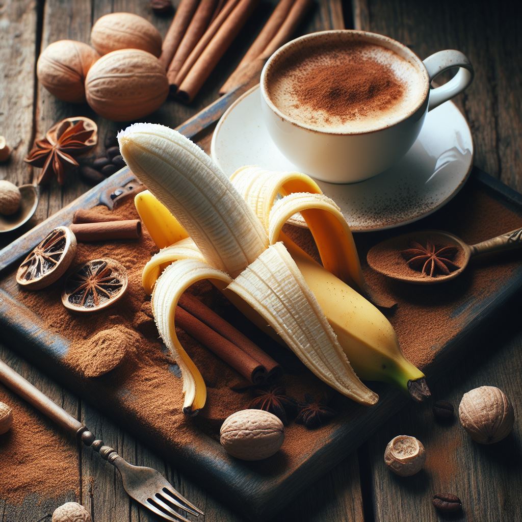 Kaffee mit Aroma ein aromatisierter Kaffee von  einer  Banane,  einem  Kaffeebecher  und  Gewürzen  auf  einem  Tisch.