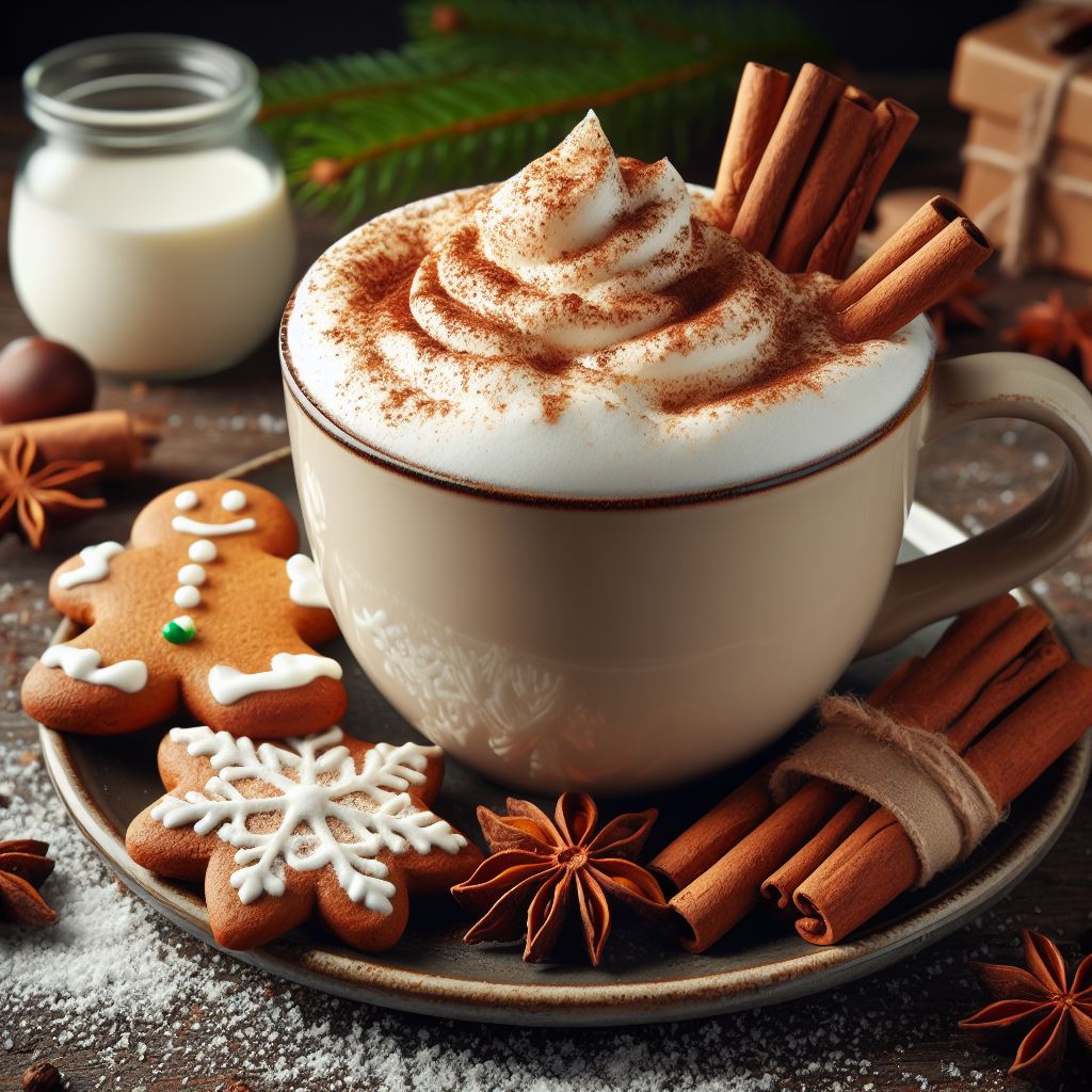 Kaffee Aroma  Kaffee  mit  Schaum  und  Zimt  auf  einem  Teller  mit  Weihnachts-Keksen  und  Gewürzen.