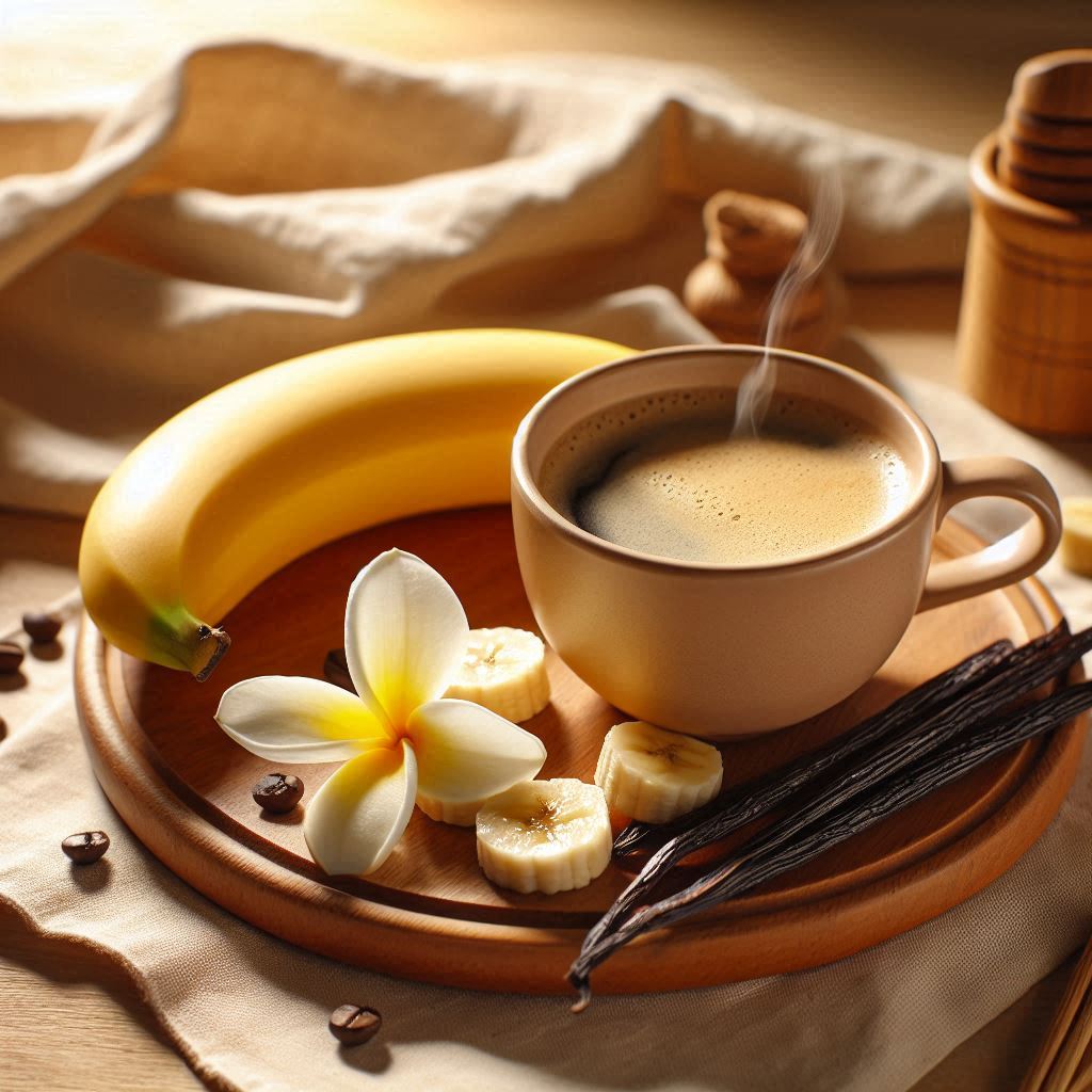 Tasse Vanille-Bananen-Kaffee mit Bananenscheiben und Vanilleschote auf einem hellen Holztisch

