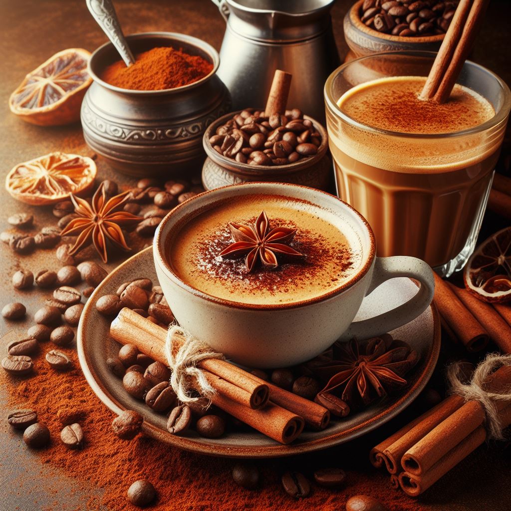 Eine Chai  Kaffeetasse mit  Gewürzen  und  Zimt,  um  den  Geschmack  zu  verbessern