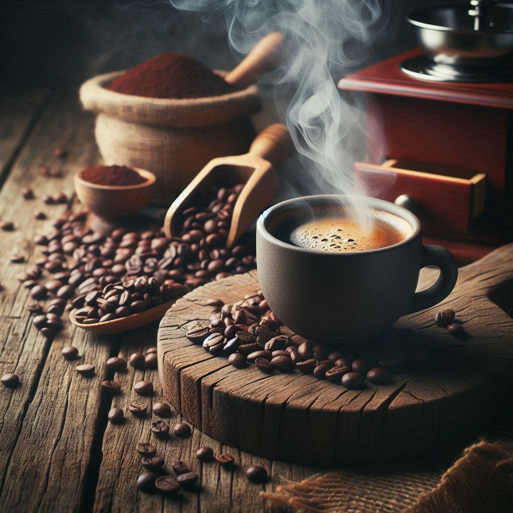 Eine dampfende Tasse Costa Rica Kaffee steht auf einem rustikalen Holztisch, umgeben von frisch gemahlenen Kaffeebohnen
