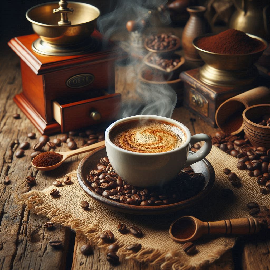 Eine dampfende Tasse Karibik Kuba Kaffee steht auf einem rustikalen Holztisch, umgeben von frisch gemahlenen Kaffeebohnen
