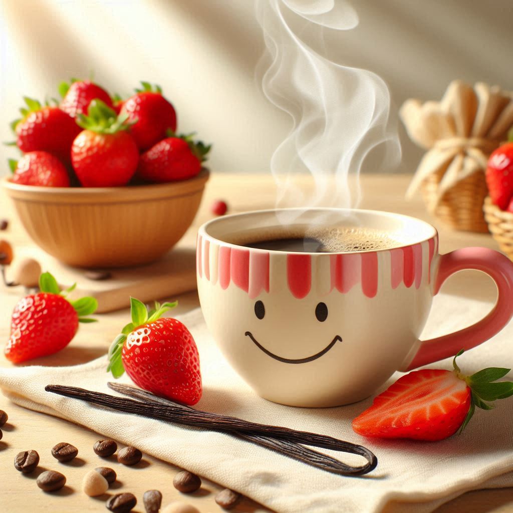 Tasse aromatisierter Vanille-Erdbeer-Kaffee, umgeben von frischen Erdbeeren und einer Vanilleschote auf einem Holztisch

