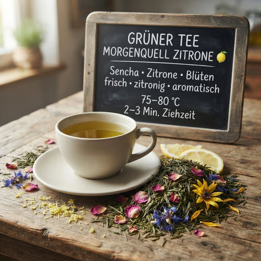 Lose Teemischung Grüner Tee Morgenquell Zitrone mit feinem Sencha, frischer Zitronennote und dekorativen Blüten.