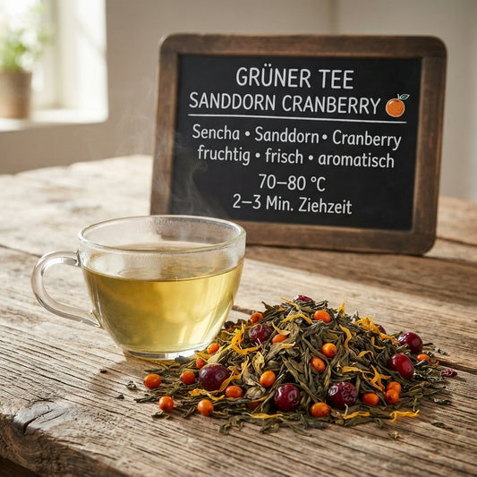 Grüner Tee Sanddorn Cranberry mit Sencha, Sanddornbeeren, Cranberries und Ringelblumenblüten