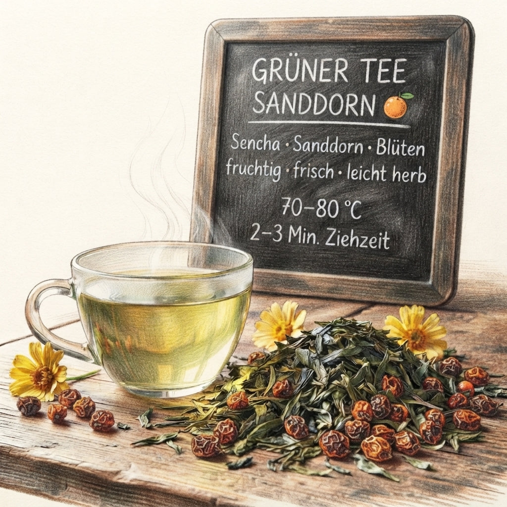 Lose Grünteemischung mit feinem Sencha, echten Sanddornbeeren und Ringelblumenblüten für einen fruchtig-aromatischen Teegenuss.