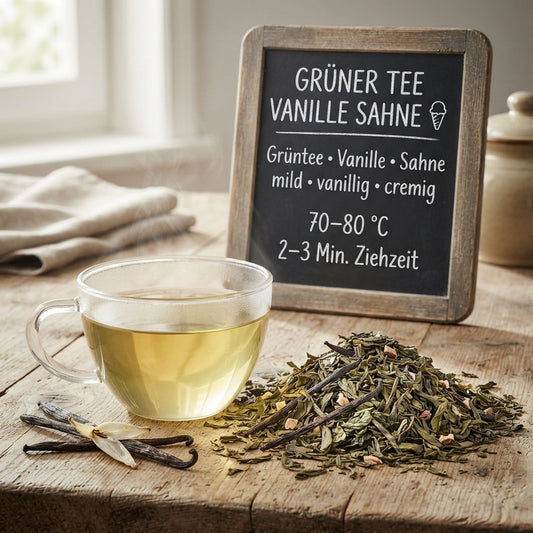 Grüner Tee Vanille Sahne mit grünem Tee und zarten Vanillestücken