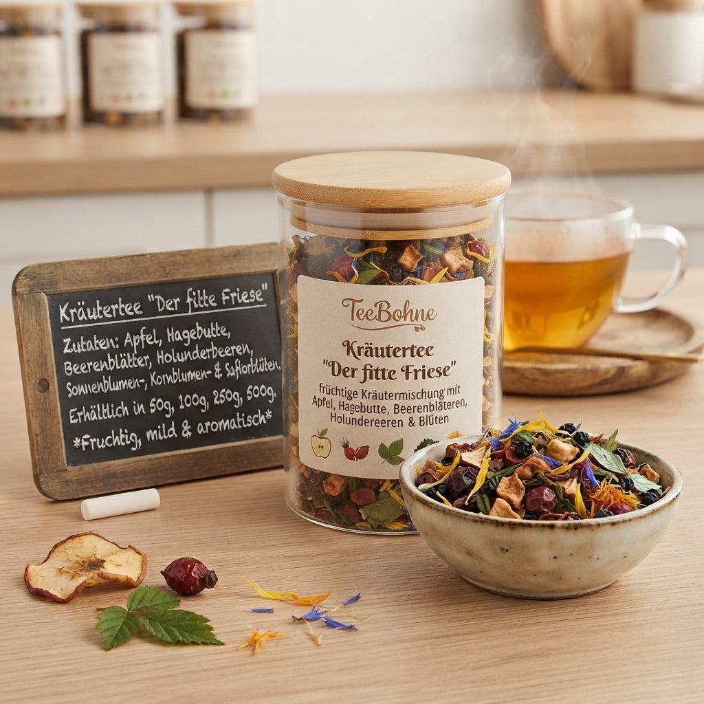 Der fitte Friese: fruchtiger Kräutertee mit Apfel, Hagebutte, Beerenblättern, Holunder & Blüten. Loser Tee in 50 g, 100 g, 250 g & 500 g.
