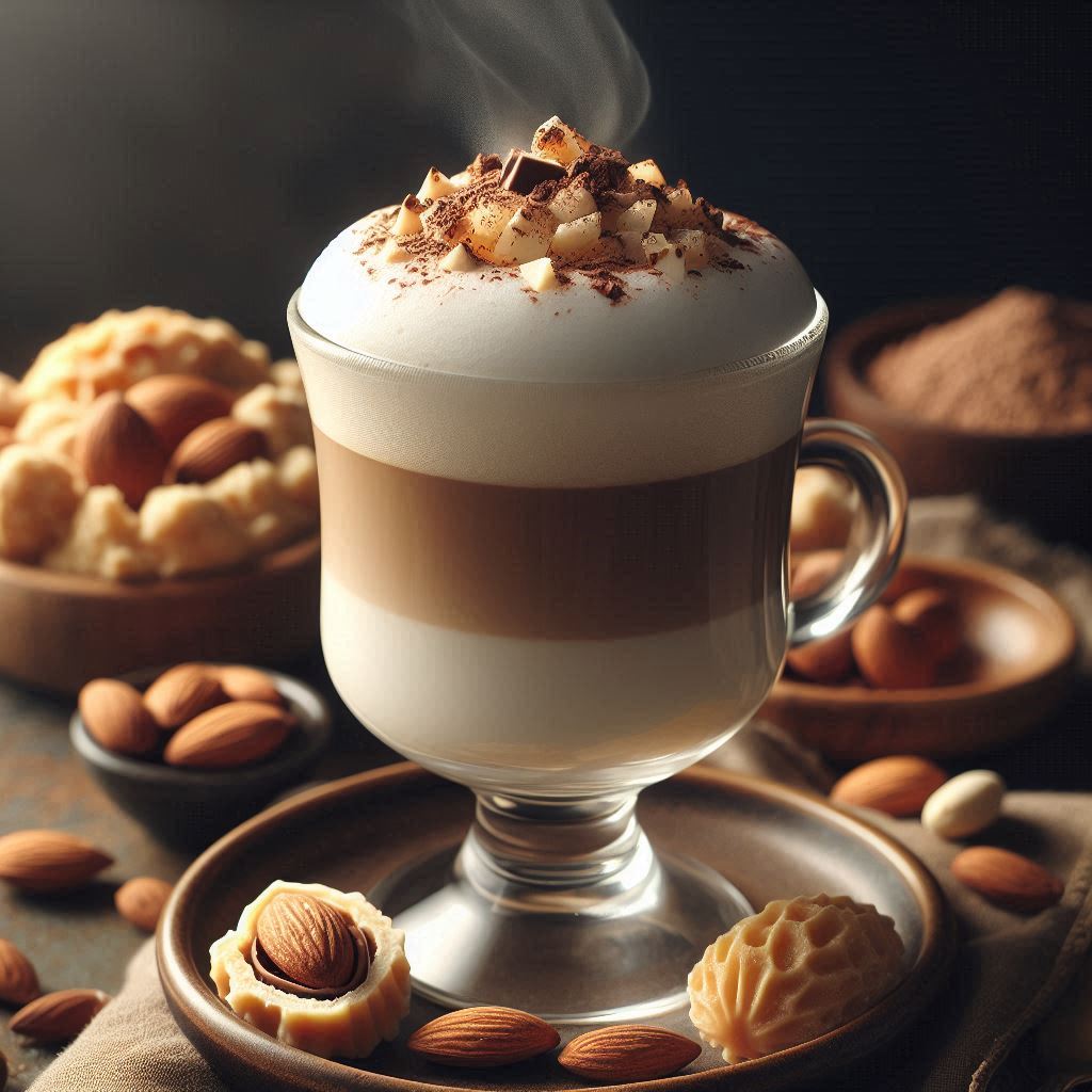 Marzipan-Cappuccino mit cremigem Milchschaum, verfeinert mit geraspeltem Marzipan und Kakaopulver, umgeben von Mandeln und Marzipan-Stücken.