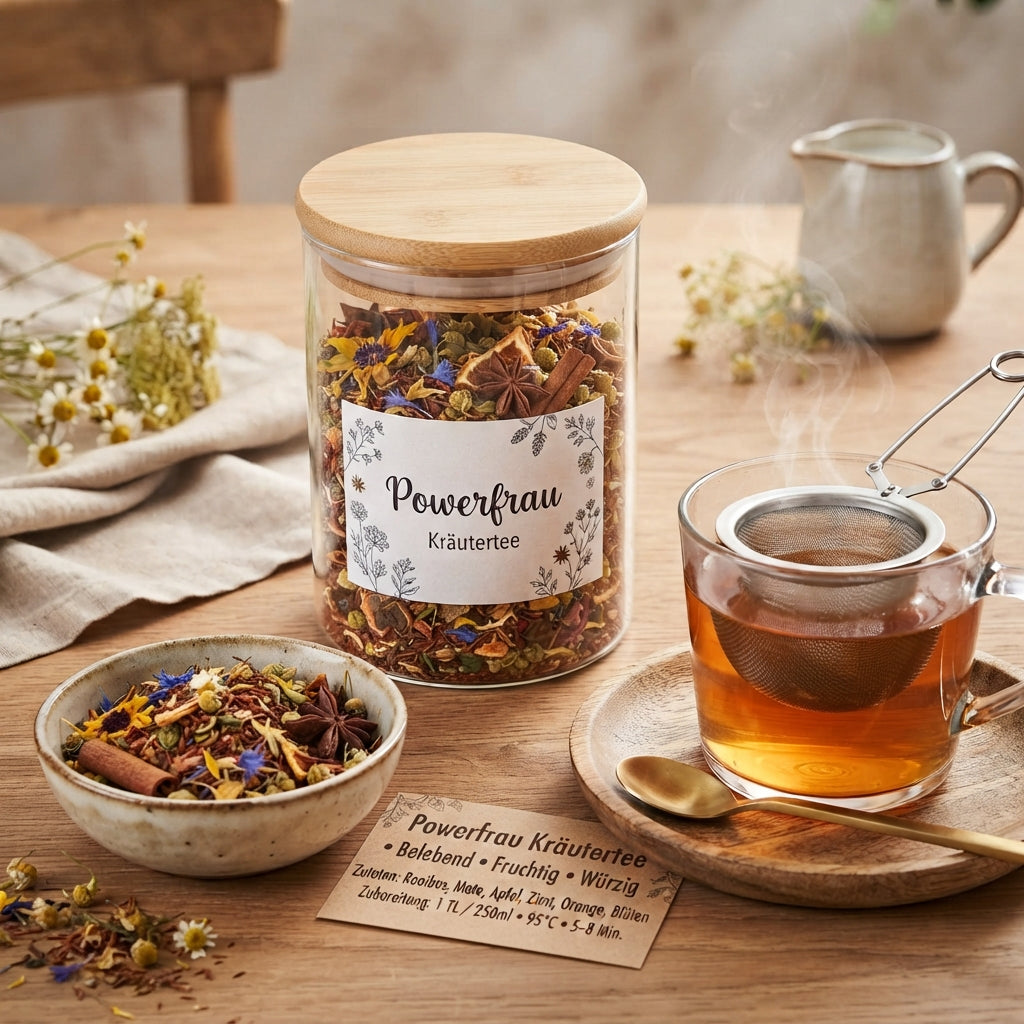 Powerfrau Kräutertee mit Rooibos, Mate, Apfel, Orange, Zimt & Ingwer. Vielseitige Kräutermischung als Loser Tee