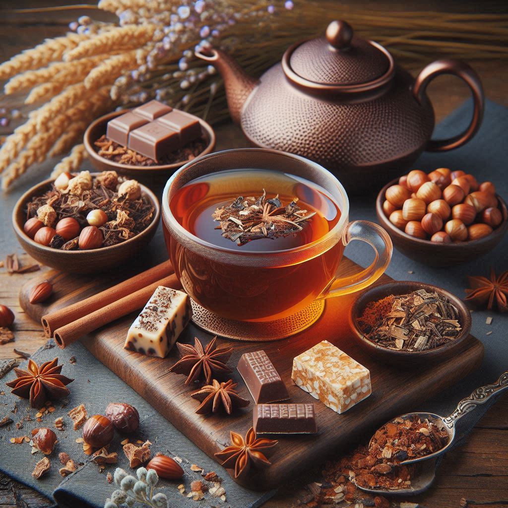 Tasse Rooibos-Tee Haselnuss-Nougat, umgeben von Kakaoschalen, Krokantstücken und Rooibos-Blättern – nussig-schokoladiger Teegenuss.