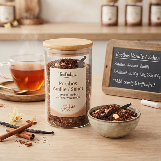 Sanft-cremiger Rooibos Tee Vanille-Sahne mit echten Vanillestücken. Koffeinfrei und mild – ideal für entspannte Genussmomente zu jeder Tageszeit. Jetzt bei TeeBohne 