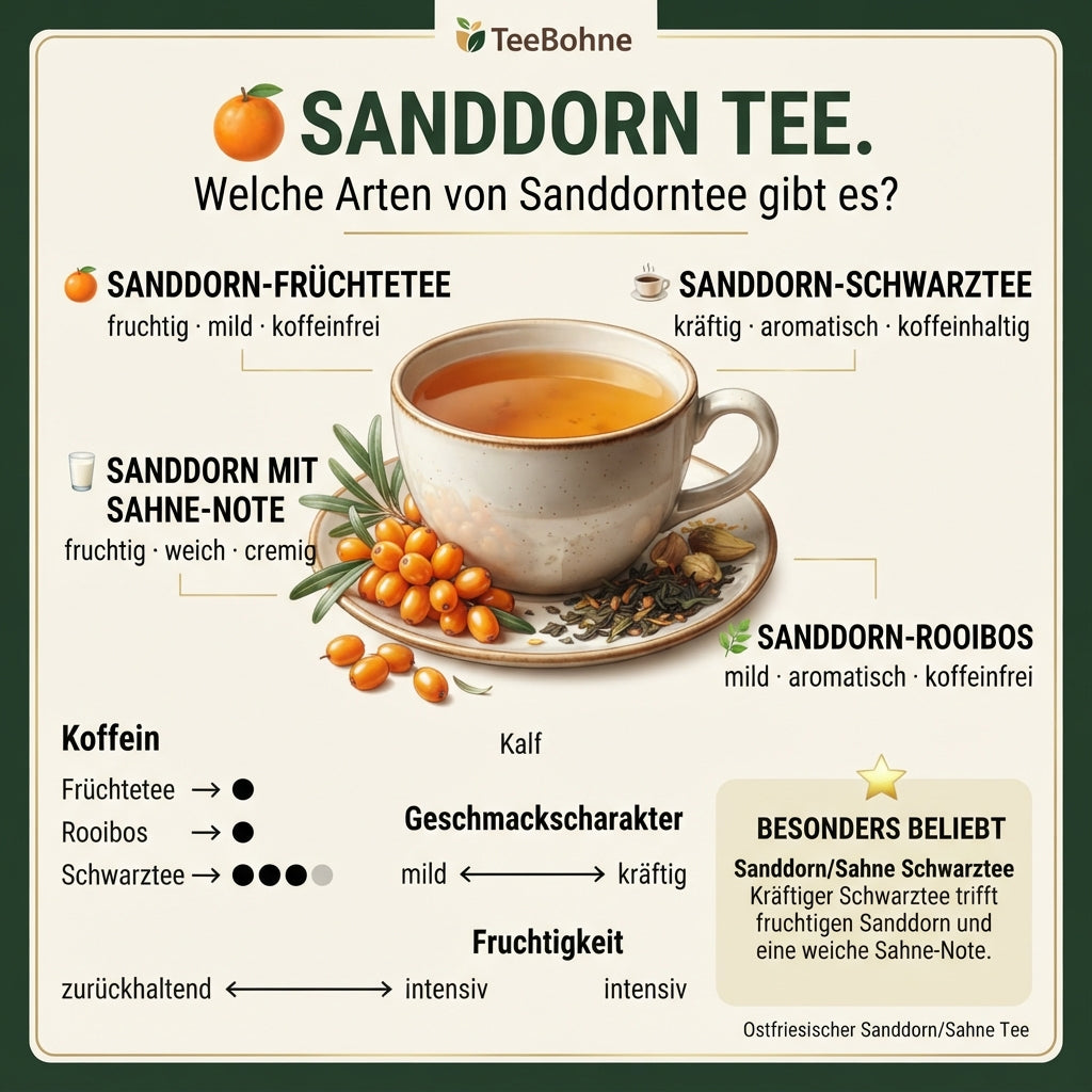 Sanddorn Tee – verschiedene Arten wie Sanddorn-Früchtetee, Sanddorn-Schwarztee, Sanddorn-Rooibos und Sanddorn-Sahne-Tee