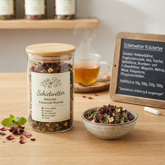 Schietwetter Kräutertee mit Himbeerblättern, Hagebutte, Fenchel, Anis, Apfel, Minze & Blüten. Koffeinfreier loser Kräutertee in 50–500 g.