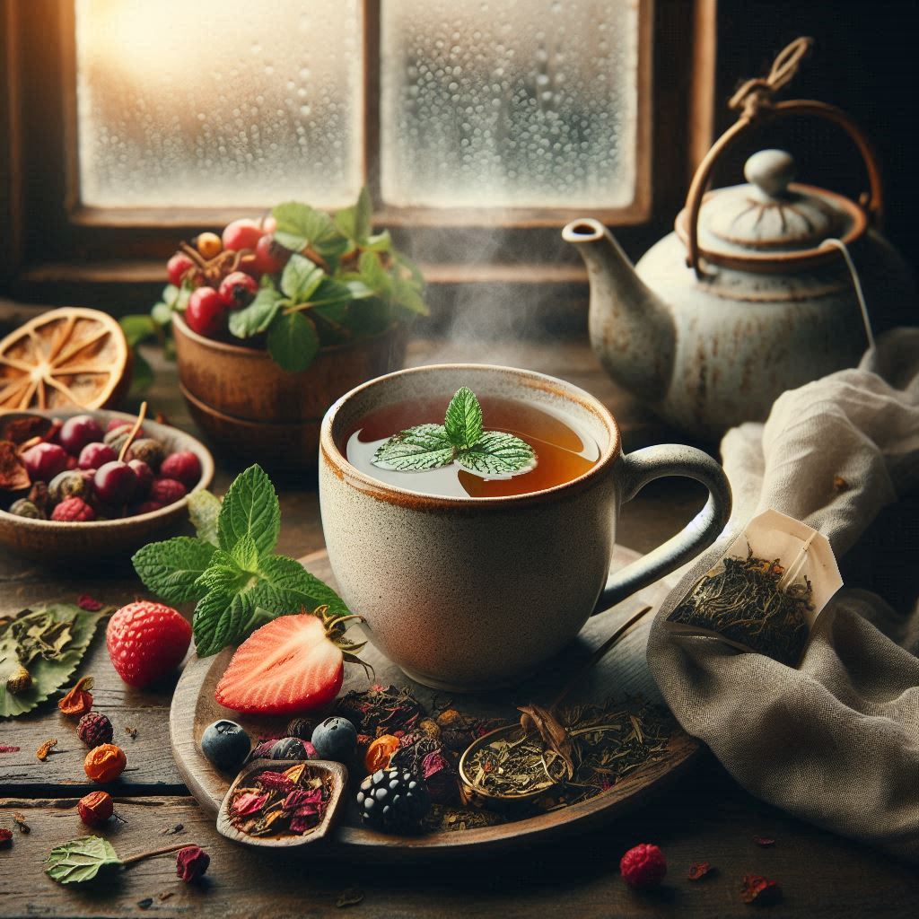 Ein dampfender Becher Schietwetterkräutertee steht auf einem gemütlichen Holztisch, umgeben von getrockneten Kräutern wie Himbeerblättern, Hagebuttenschalen, Brombeer- und Erdbeerblättern sowie frischer Minze. Im Hintergrund ist ein regennasses Fenster zu sehen, das die ruhige, entspannende Atmosphäre unterstreicht.