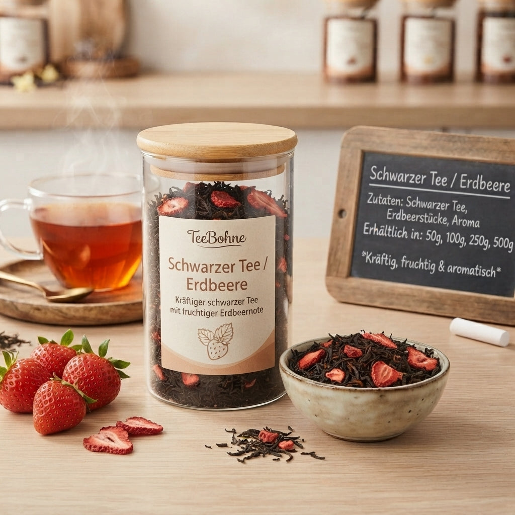 Schwarztee Erdbeere/Sahne mit fruchtiger Erdbeernote, cremigem Sahnearoma, Erdbeerstücken & Erdbeerblättern. TeeBohne 